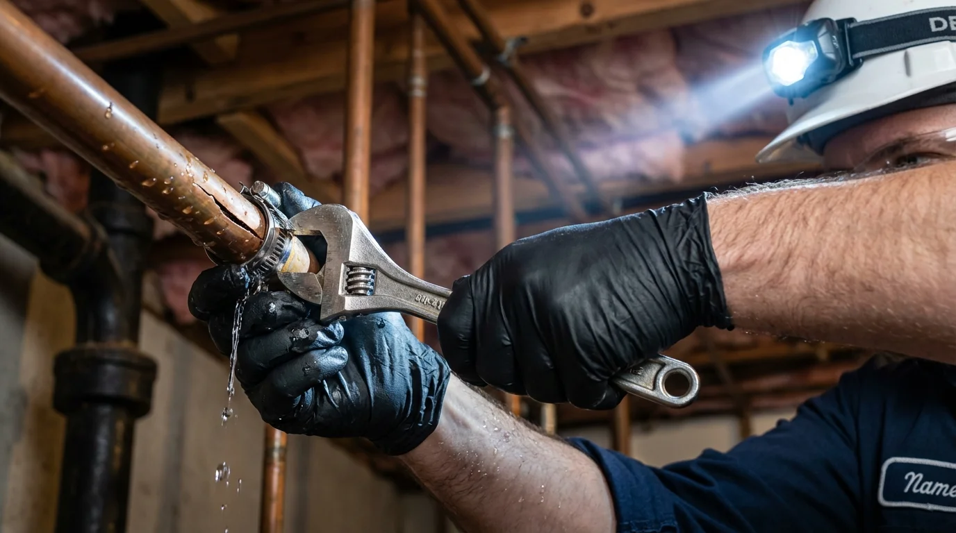 Emergency pipe clamp repair being performed by a Johns Plumbing LLC plumber in Sidney