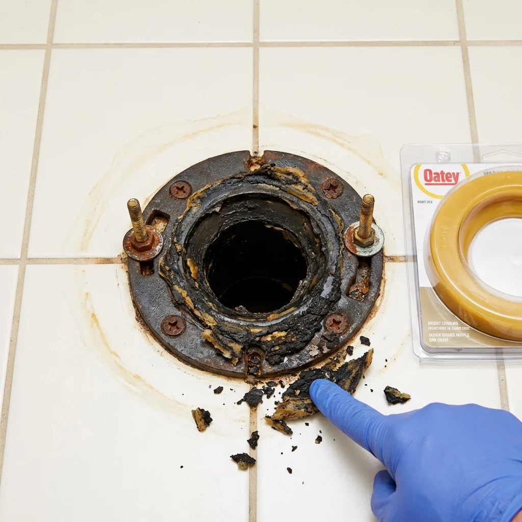 Failed wax ring showing water seepage at the base of a toilet in a Sidney, OH home